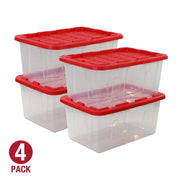 Hyper Tough 206378 27 Gallon Clear Plastic Storage Bin Set of 4 with Red Lid