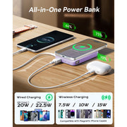 Breezio Magnetic Wireless Power Bank, 12000mAh, Fast Charging 15W Wireless, USB-C 20W PD, USB-A 22.5W QC, Built-in Kickstand, LED Display, Compatible with iPhone 13-17, Light Purple, W16
