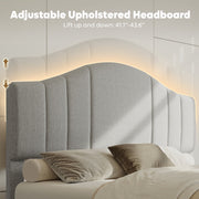 Pinmoco Full Upholstered Bed Frame with Adjustable Arc-Shaped Headboard, Warm Orange LED Lighting, Gray Fabric