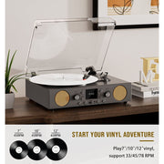 TANLANIN Record Player, 3-Speed Belt-Driven Turntable with Built-In Speakers, FM Radio, Bluetooth, RCA Line Out, AUX In, USB Recording, Auto Stop, Gray