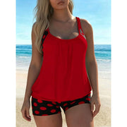 Astlbim Plus Size Two Piece Tankini Swimsuit with Red Tropical Palm Print, Adjustable Straps, High Waist Swim Shorts