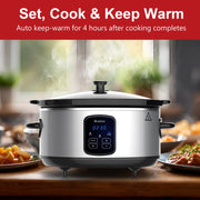 Bluebow Slow Cooker, 6 Quart, Stainless Steel, Removable Stoneware Pot, 3 Heat Settings with Auto Keep Warm, Non-Stick Surface, Cool-Touch Handles