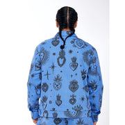 Hija De Tu Madre Unisex Zip-Up Jacket, Dutch Blue, Sacred Heart Graphic, 100% Cotton Twill, Relaxed Fit, Sizes XS-3XL