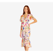 Adrianna Papell Women's Floral Faux Wrap Ruffle Dress, Praline Multi, Size 12, 6873501