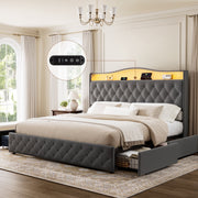 GUNAITO King Size Upholstered Platform Bed Frame with 4 Storage Drawers, Button Tufted Grey Velvet, LED Lights, USB Charging Ports, Noise-Free Metal Frame 20678802034