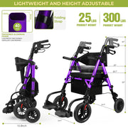 Akoasm KLD1002 Foldable Rollator Walker for Seniors w/ Adjustable Seat and Handle, 300 lb Capacity, Purple