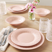 The Pioneer Woman Vintage Lace 12-Piece Ceramic Dinnerware Set, Pink, Durable Stoneware, Embossed Lace Design