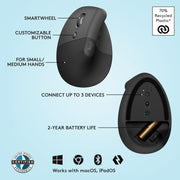 Logitech 910-006467 Lift Left Vertical Wireless Ergonomic Left-Handed Mouse with 4 Customizable Buttons - Graphite
