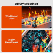 Philergo 43in Propane Fire Pit Table, Black Alloy Steel, 60,000 BTU, Rectangular with Tempered Glass Wind Guard, Blue Glass Rocks, Waterproof Cover