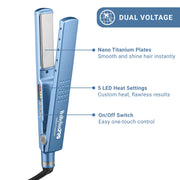BaBylissPRO Nano Titanium 1 1/4 Inch Digital Ionic Hair Straightener, Blue, Dual Voltage, 5 Heat Settings up to 450F, BNT4090T