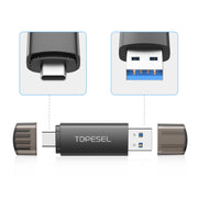 TOPESEL TOP207 USB Flash Drive, Dual USB Type-C and USB A, USB 3.0 High-Speed, 128GB, Black (Pack of 2)