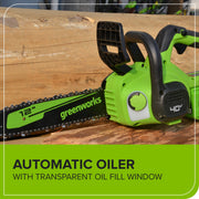 Greenworks 40V Cordless Chainsaw, 12-Inch Bar, 2.0Ah Battery and Charger, Low Kickback Safety Chain, Lightweight