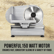 Mossy Oak Electric Meat Slicer, 7.5-Inch Serrated Stainless Steel Blade, Adjustable Thickness Dial, 150-Watt Motor, BPA-Free Food Pusher