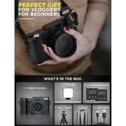 Novzzovaz 5K Vlogging Camera, 64MP Point & Shoot Digital Camera, 18X Digital Zoom, 3-Inch Flip Screen, Wi-Fi Enabled, Black, NVZV5K64MP