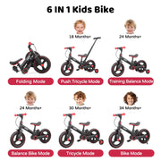 JMMD Toddler Bike 6-in-1 Convertible Balance Bike with Push Handle, Training Wheels, Pedals, Adjustable Seat, Hand Brake, Alloy Steel Frame, 12-Inch EVA Wheels, Orange