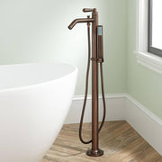 Freestanding tub faucet with hand spray - brass lever handle - ceramic disc cartridge - brass mounting plate with dec caps - Oil Rubbed Bronze