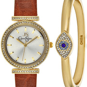 Jessica Simpson Ladies 34mm Gold Tone Crystal Accent Mother of Pearl Dial Watch and Crystal Encrusted Panther Bangle Set JWB0003GD