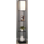 Mainstays JF5311BK 62 Inch Floor Lamp With Black Plastic Shelves and Sustainable White Fabric Shade