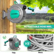 AUOSHI Retractable Garden Hose Reel, 1/2 Inch Diameter, 100ft PVC Hose with 10-Function Spray Nozzle, Wall Mount with 180-Degree Swivel Bracket, Slow Return System, ZYW03-S30