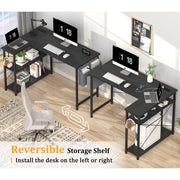Mr IRONSTONE 47 Inch L-Shaped Desk with Built-in Power Outlets and USB Ports, Reversible Shelving, Adjustable Storage, Black