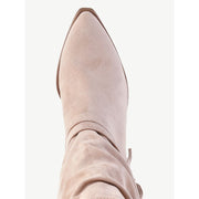 Madden NYC Women's Faux Suede Fringe Mid-Calf Boots, Beige, 2.4in Block Heel, Memory Foam Insole