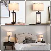 RORIA 24in Modern Table Lamp Set of 2, Black Metal Base, Linen Fabric Shade, Frosted Glass Night Light, Dual USB Charging Ports, Toggle Switch