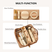 USIONE Travel Makeup Bags 2-Pack, Waterproof PU Leather Cosmetic Organizer with Flat-Open Design, Transparent Brush Compartment, Beige and Orange