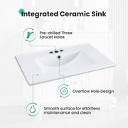 EDX 30-Inch Bathroom Vanity Cabinet with Integrated Ceramic Sink, Soft-Closing Door, 3 Drawers, White, EDX-SXT-2M2C