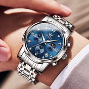 OLEVS Mens Casual Quartz Chronograph Watch, Blue Dial, Two-Tone Stainless Steel Bracelet, Luminous Hands, 30m Water Resistant