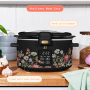 Made By Gather 29281 Beautiful 4 Qt Digital Slow Cooker with Spill-Proof Hinged Locking Lid, Touch Display, Matte Steel Housing, Wildflower Black
