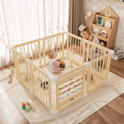 Babyeap Wooden Baby Playpen, Foldable Large Wood Play Gate with Built-in Activity Panel, Off-White, 47x47x26.3 in
