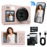 Ourlife AC-S150PRO Digital Camera, 5K Video at 20 FPS, 80MP Photos, Dual Screens, 18X Autofocus Zoom, WiFi, 64GB Card, 2 Batteries, Pink