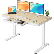 CHITOOMA Electric Standing Desk, One Piece, Height Adjustable 28.3-46.5in, Maple Wood-Top, USB Charging Ports, Drawer, 48in x 24in