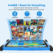 DOMATON Kids Tablet 10 inch, Tablets for Kids, 4+64GB, Android 13, Parental Controls, Pre-Installed Kids Contents, 6000mAh Battery, Dual Camera, Google Play Store, Kids YouTube, Kids Computer Case with Stand