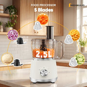 Gianna Food Processor, 10.5 Cup Capacity, 600W Motor, 5 Stainless Steel Blades, 3 Modes, White