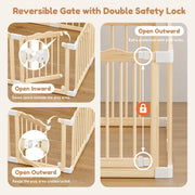Babyeap Foldable Wooden Baby Playpen, Large Adjustable Indoor Play Yard with Built-In Gate, Brown, 47x47x23.6 in