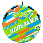 Koorium Super Screamer Inflatable Towable Tube for Water Sports, 1-2 Riders, 340lb Capacity, Orange-Green Nylon Cover, 4 EVA Cushioned Handles, Quick Connect