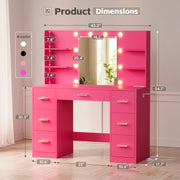 Lacoo Vanity Desk with Mirror and LED Lights, Makeup Vanity with 7 Drawers & 4 Shelves, Dark Pink
