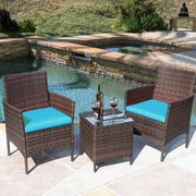 Devoko Patio Conversation Set, 3 Pieces Outdoor Wicker Bistro Chairs with Tempered Glass Coffee Table, Brown and Blue
