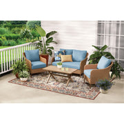 Mainstays Chelsea Outdoor Patio Steel 4-Piece Deep Seating Set with Blue Fade-Resistant Olefin Cushions and Faux Wood Finish Coffee Table