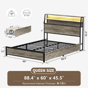 GUNAITO Queen Bed Frame w/Storage Headboard, 2 Drawers, LED Lighting, USB Ports, Gray