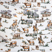 HiEnd Accents Ranch Life 4 Piece Queen Western Bed Sheet Set, 100% Cotton, Green and White Cowboy and Longhorn Horse Print, SS2138-QN-DF