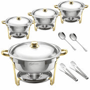 NEWKITCHEN CD-RD6Q-GD4 6QT Chafing Dishes Set, Stainless Steel with Elegant Gold Embellished Silver, 4 Pack, Includes Spoon and Clip