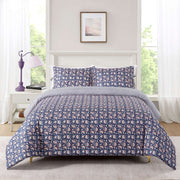 Mainstays Full/Queen Comforter Set, Reversible Blue Floral and Navy Stripe, 3-Piece, Brushed Microfiber, Jump-Tack Quilting, Decorative Tied Shams