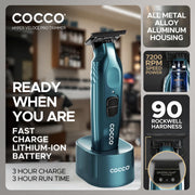 Cocco Hyper Veloce Pro Trimmer, Digital Gap Graphene Blade, High-Torque Brushless BLDC Motor, Cordless, All-Metal Aluminum Alloy, Lithium-Ion Battery, Dark Teal