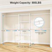 Ulifhome Ulif M2 Wall Mounted Clothes Rack with 4 Expandable Hanger Rods, 5 Metal Shelves, Adjustable Storage Organizer, White