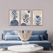 TOARTi Boho Plant Wall Art Set of 3, Blue Framed Canvas, Abstract Geometric Botanical Prints, 16x24 in