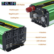 LVYUAN Power Inverter 3000W Continuous 6000W Peak Pure Sine Wave 12V DC to 110V AC Converter with 4 AC Outlets, 4 USB Ports, LCD Display, Remote Control, Green F-3000P
