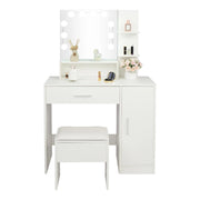 Ktaxon Vanity Set with 3 Color Lighted Mirror, Makeup Table with 3 Storage Shelves & Drawers, Dressing Table Makeup Desk with Stool, White