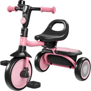 Besrey Toddler Tricycle with Adjustable 4-Position Seat, Motion-Activated Flashing LED EVA Foam Wheels, Bell, Foldable Handlebar, Pink, Ages 18 Months to 5 Years, BSR-KSE08